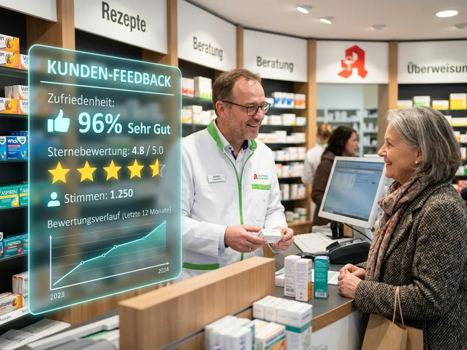 Apotheker berät Kundin an der Theke, davor ein digitales Kundenfeedback-Display.