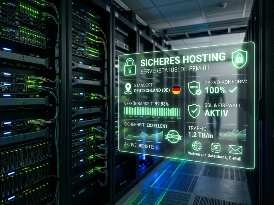 Ein Serverraum in Türkis mit digitalen Symbolen für Brief, Globus und Schloss.