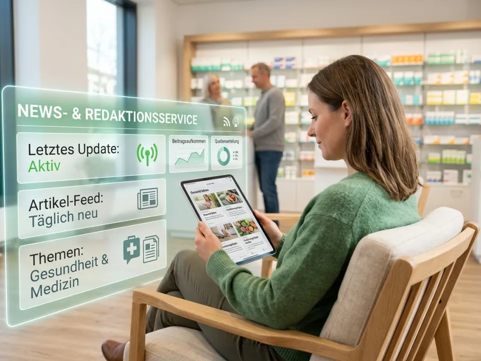 Ein Tablet zeigt Nachrichten und Infografiken in Türkis vor einem weichen Hintergrund.