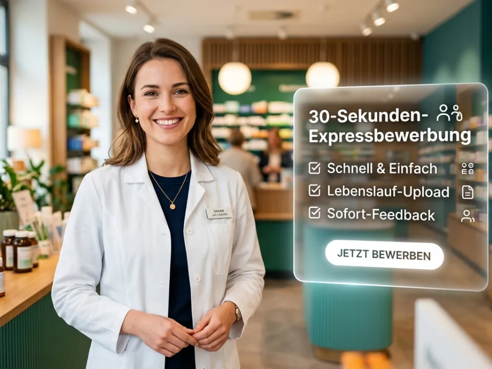 Lächelnte Apothekerin in weißem Kittel mit Infotext für eine Expressbewerbung.
